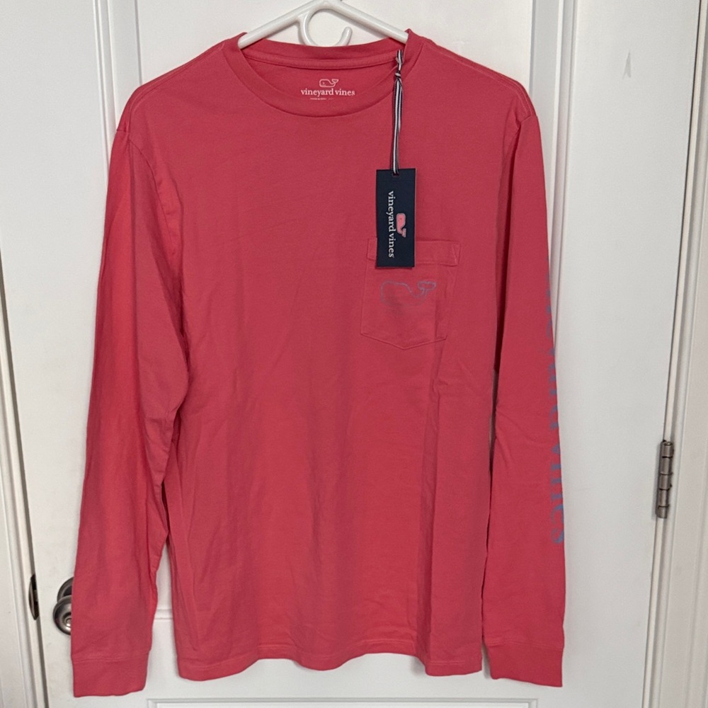 Vineyard Vines Men's Long-Sleeve Pocket Tee in Coral Pink